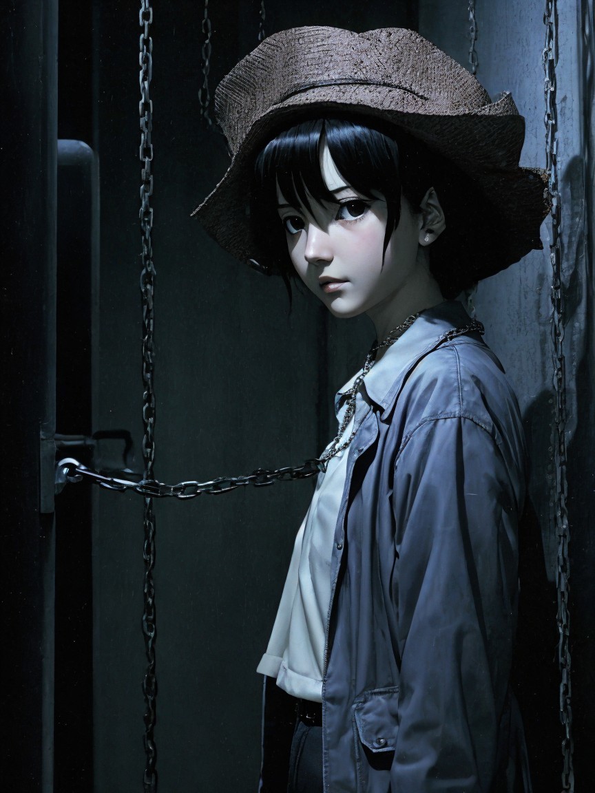 Young figure in dim light with hat and chains backdrop