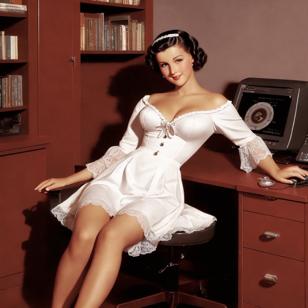 Pin-Up Style Image of Woman in White Dress and Chair