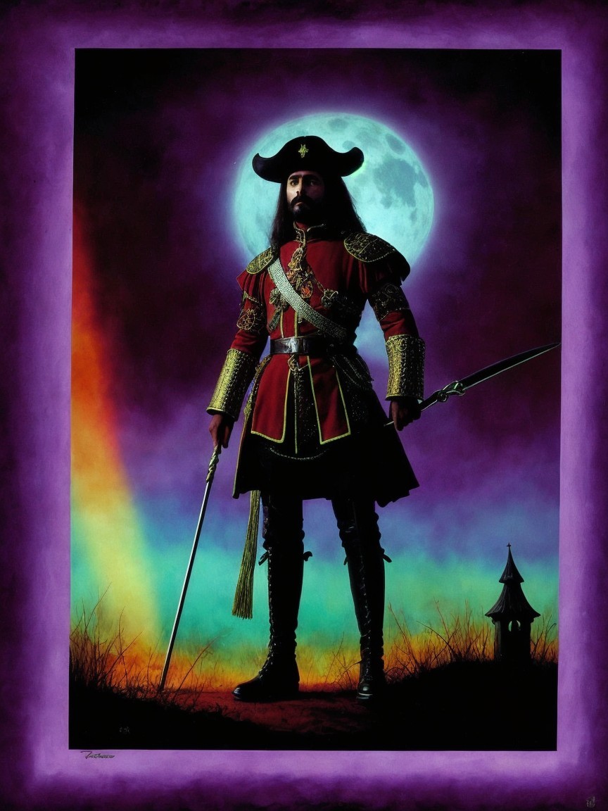 Ornate Uniformed Figure Against Glowing Moon Scene