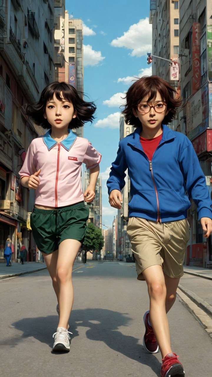 Children Running in a Quiet Urban Street Scene