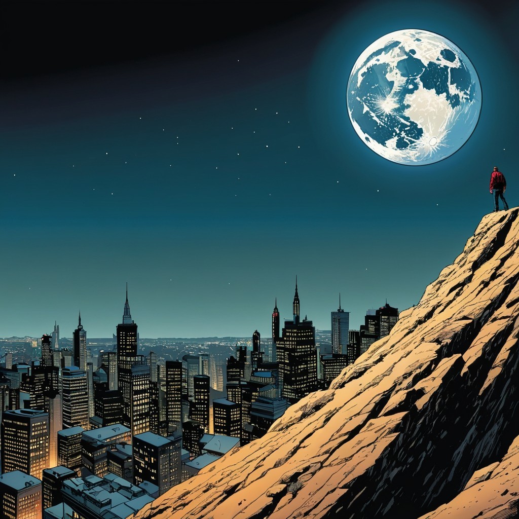 Cliffside View of City Lights and Full Moon Night