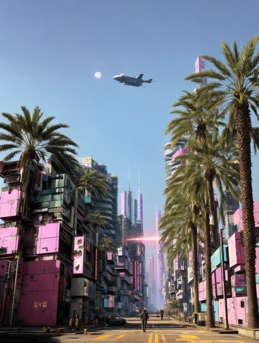 Futuristic cityscape with vibrant colors and spacecraft