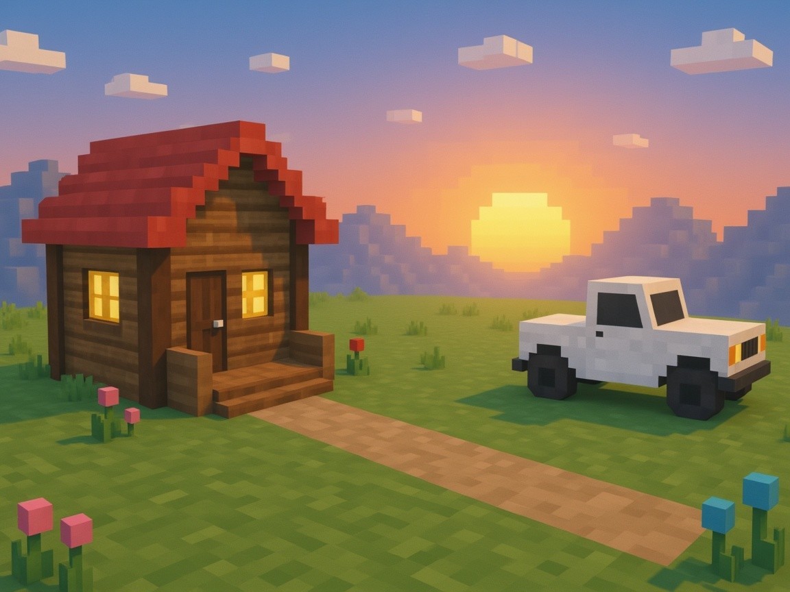 Pixelated House with Red Roof in Sunset Landscape