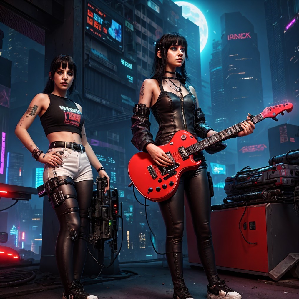 Cyberpunk Urban Scene with Stylized Female Figures