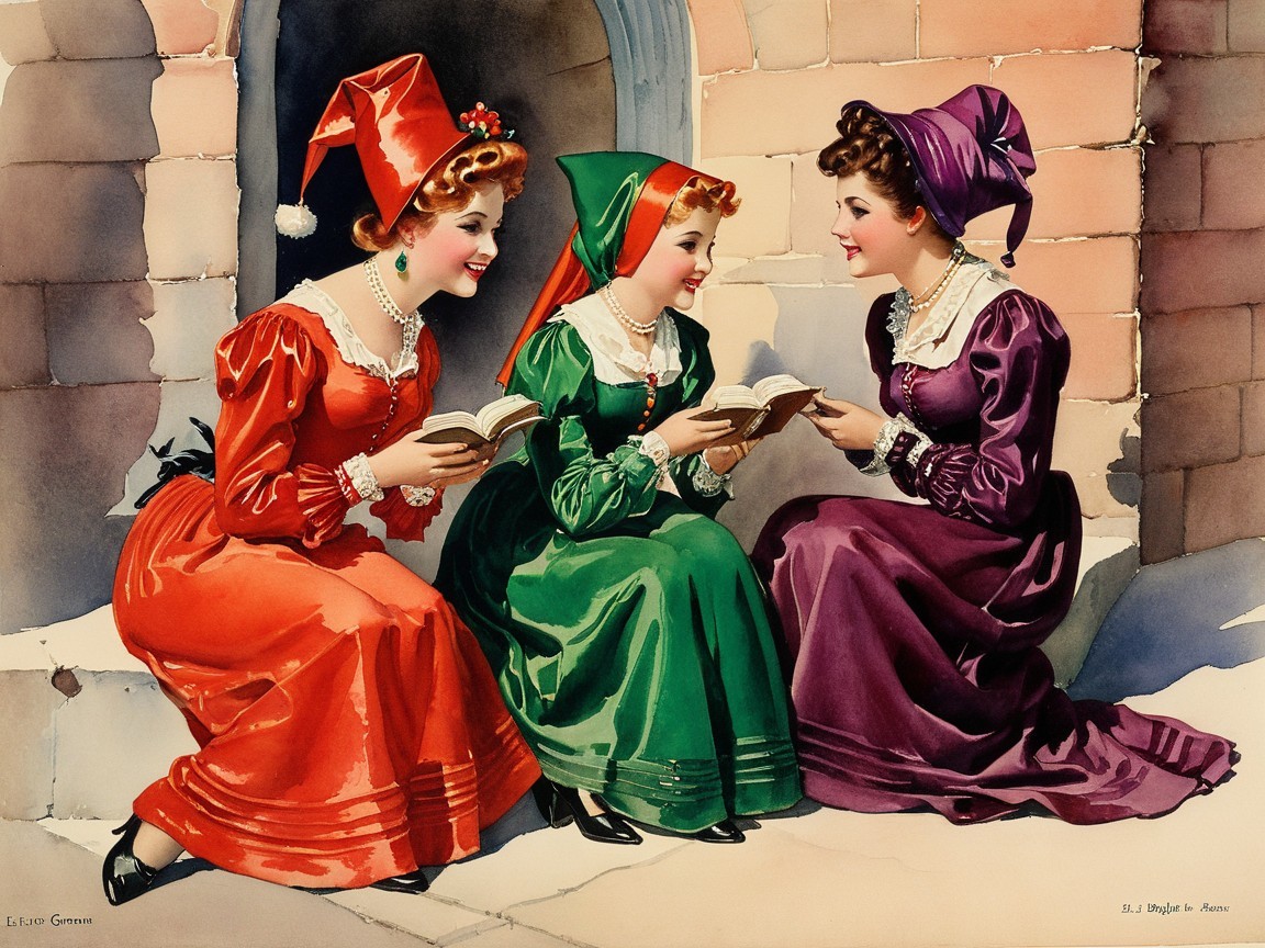 Watercolor Depiction of Three Women in Colorful Gowns