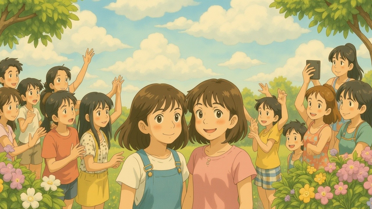 Bright Park Scene with Friends and Nature Activities