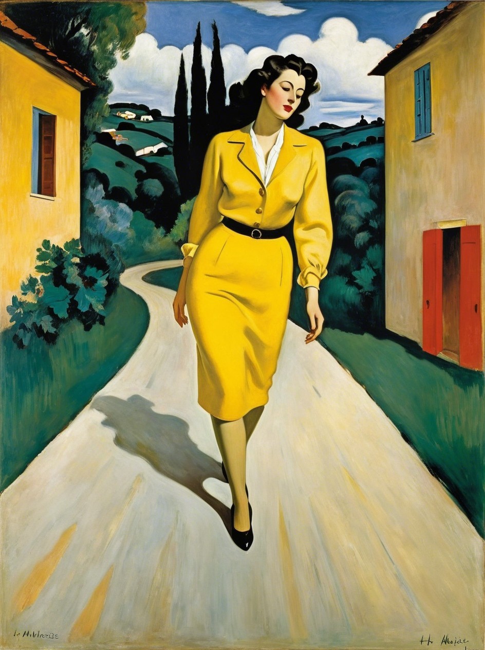 Oil Painting of Woman on Winding Road in Tuscany