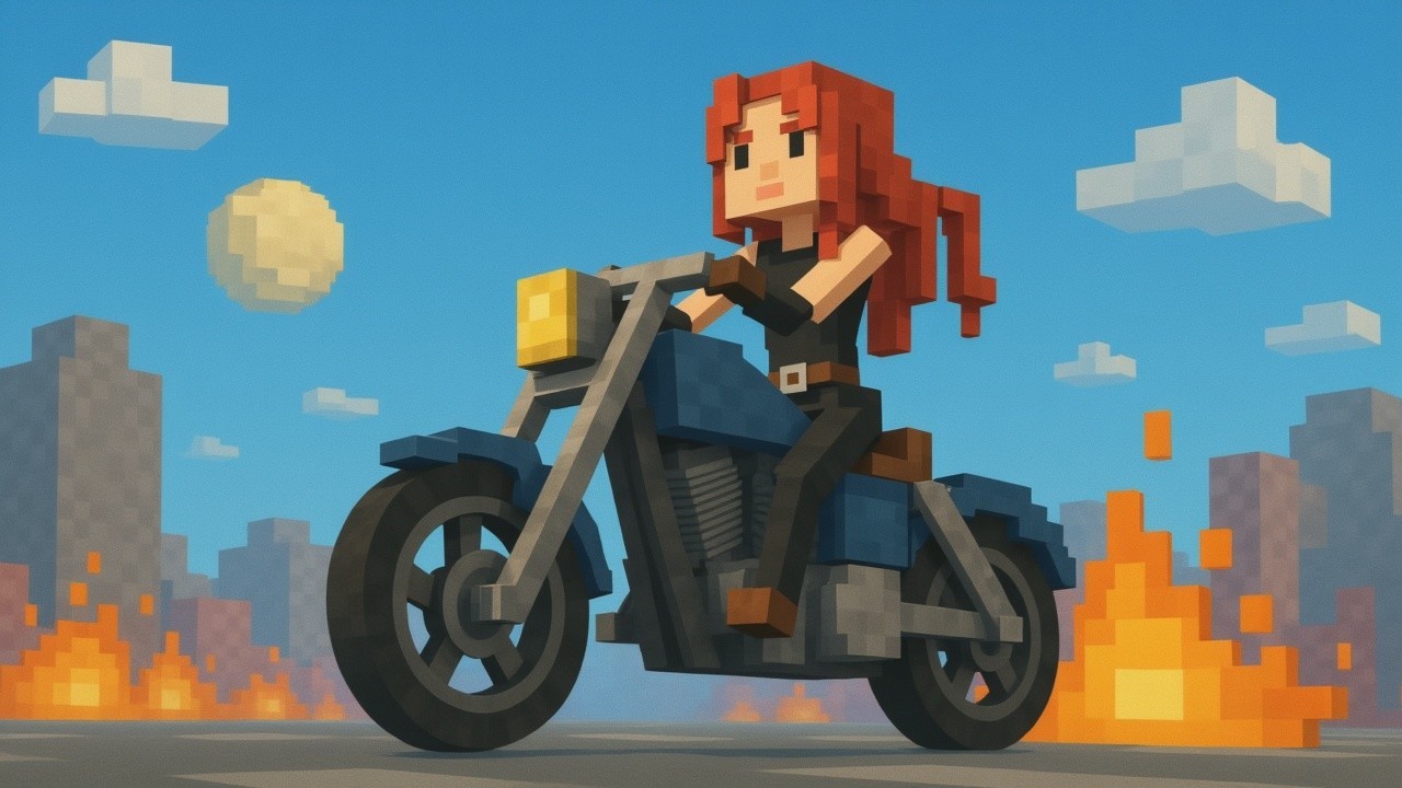 Pixelated Character on Blue Motorcycle in Colorful Scene