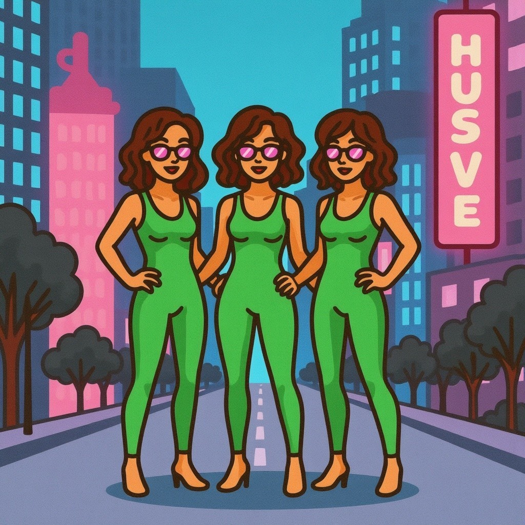 Three Animated Women in Green Bodysuits on City Street