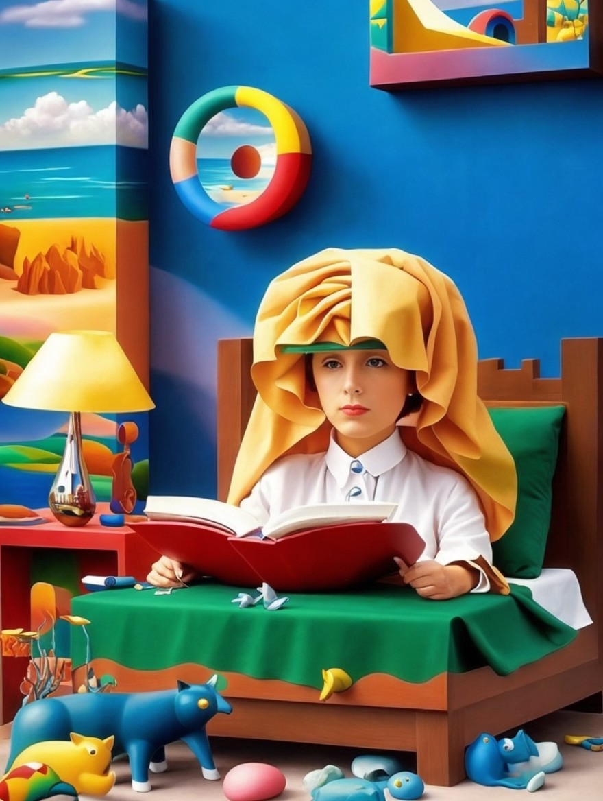 Surreal Room with Child Reading and Colorful Decor