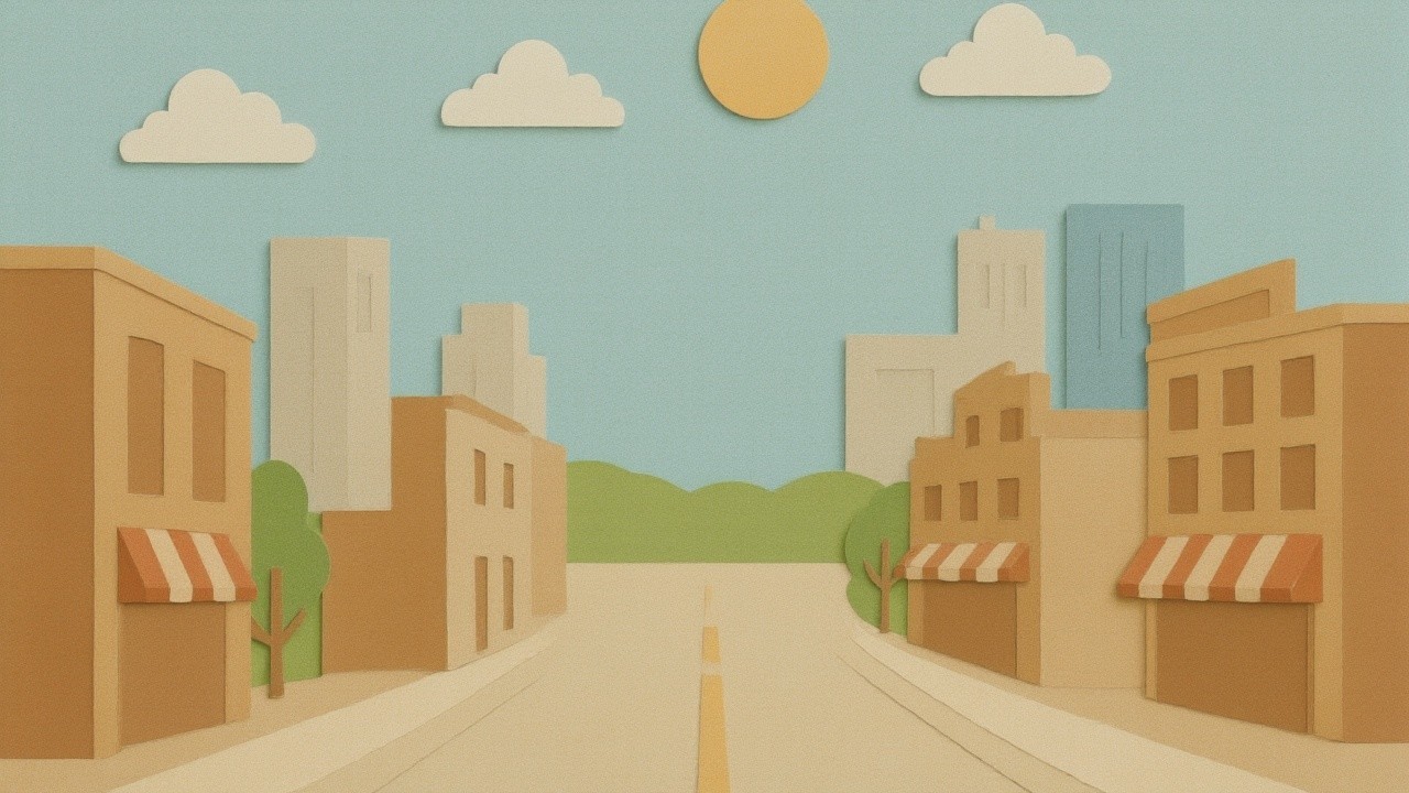 Vibrant Paper-Cut Cityscape with Blue Sky and Sun