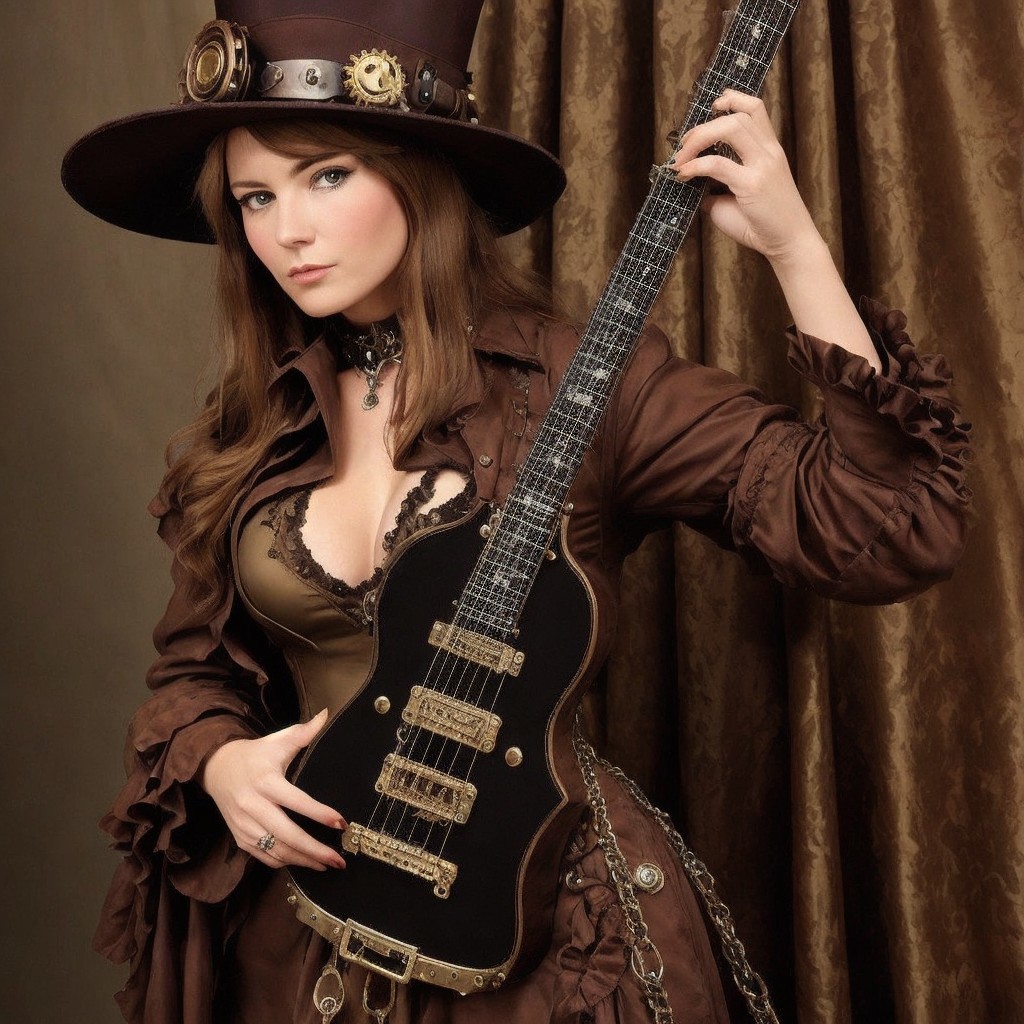 Steampunk Woman with Vintage Electric Guitar Outfit