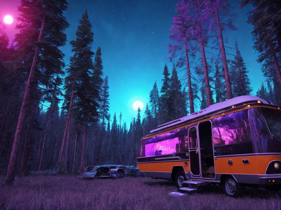 Retro camper van in a forest under a starry sky