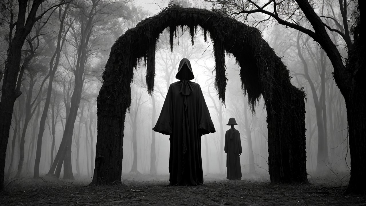 Mysterious Figures in a Foggy Forest Setting