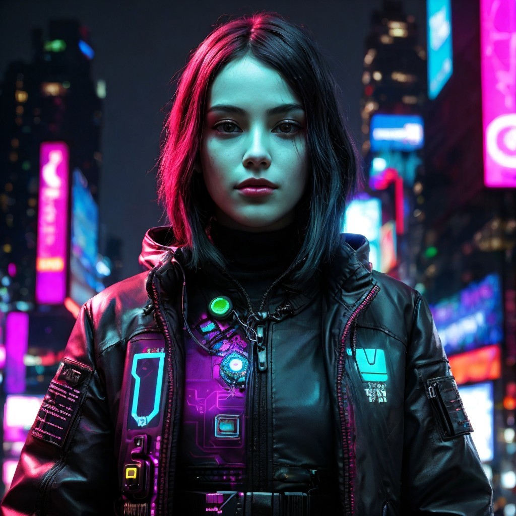 Young woman in neon-lit urban sci-fi setting