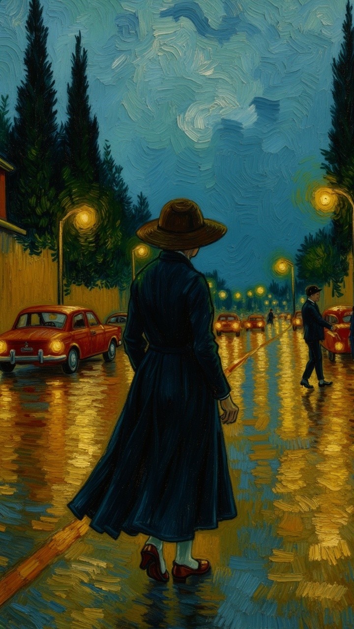 Rainy Street Scene with Reflections and Figures