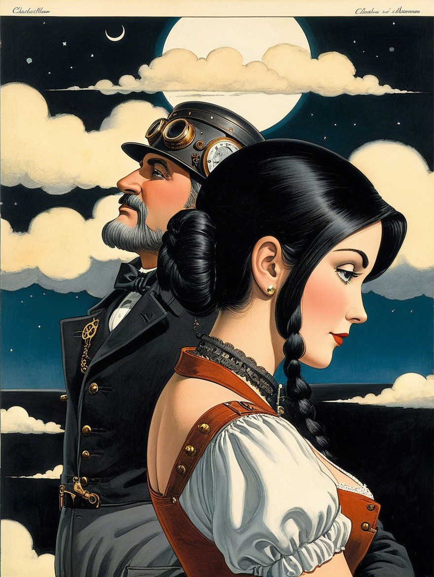 Steampunk Couple Against Moonlit Sky Background
