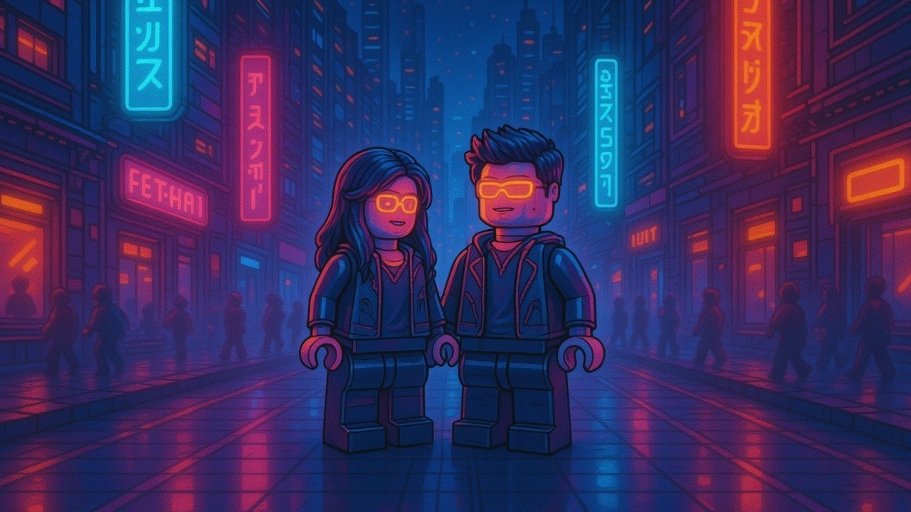 Lego Figures in Neon Cityscape at Night