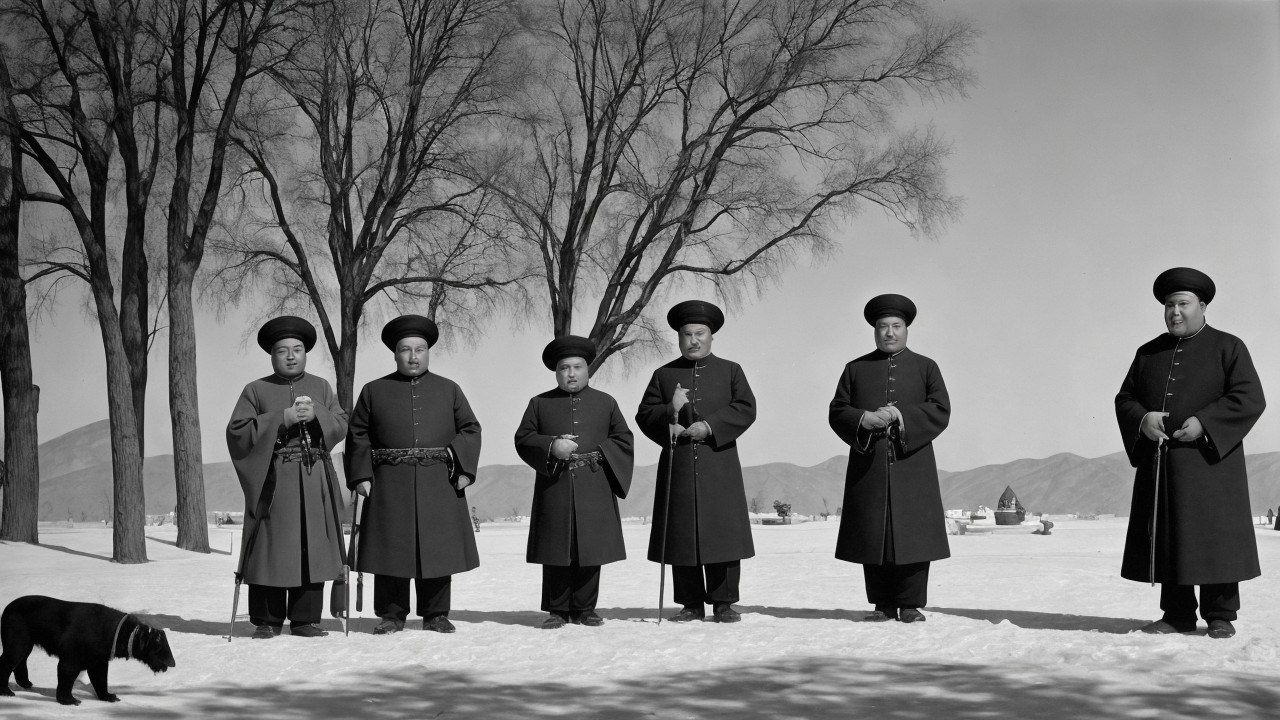 Monochrome Photo of Men in Coats in Snowy Landscape