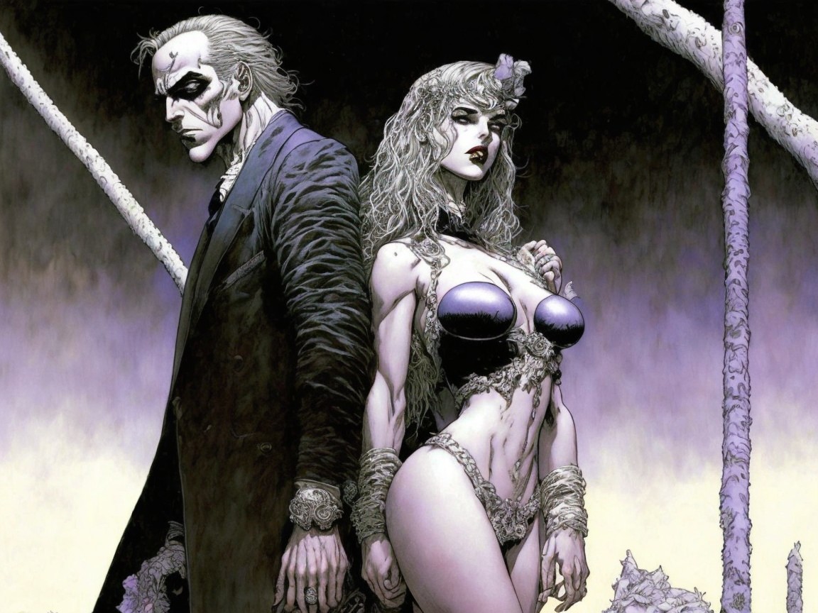 Dramatic Scene with Masked Man and Elaborate Woman