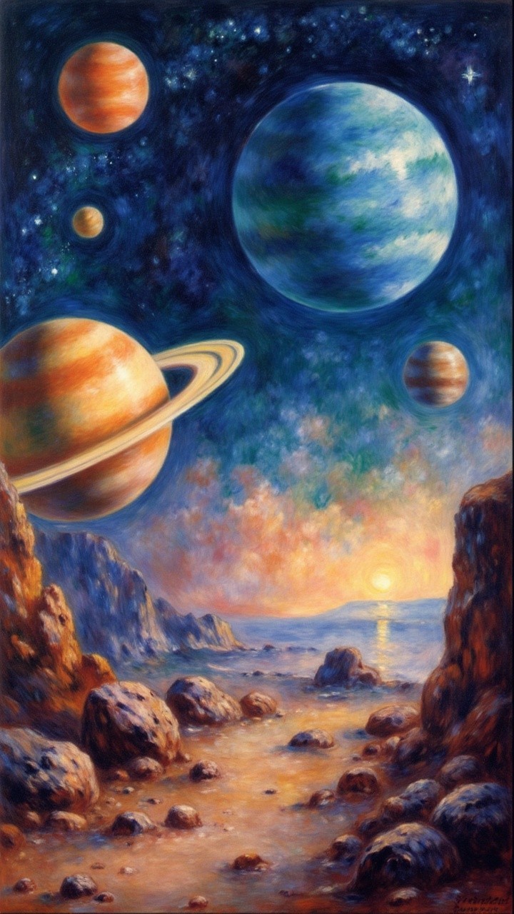Vivid Cosmic Landscape with Planets and Sunset