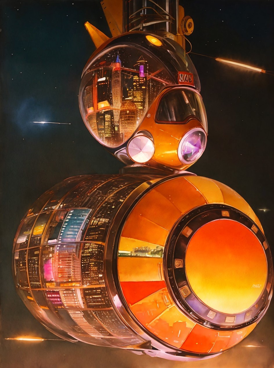 Futuristic Cylindrical Spacecraft with City Skyline