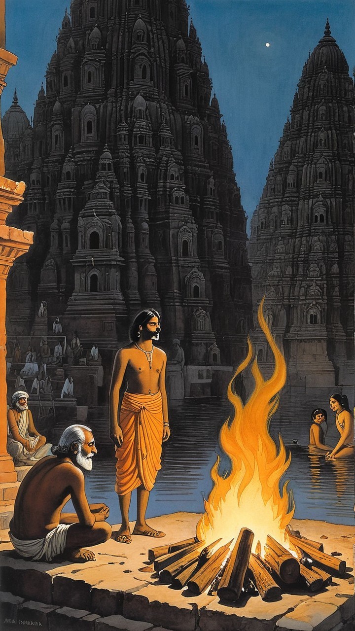 Evening Scene by River with Temples and Fire