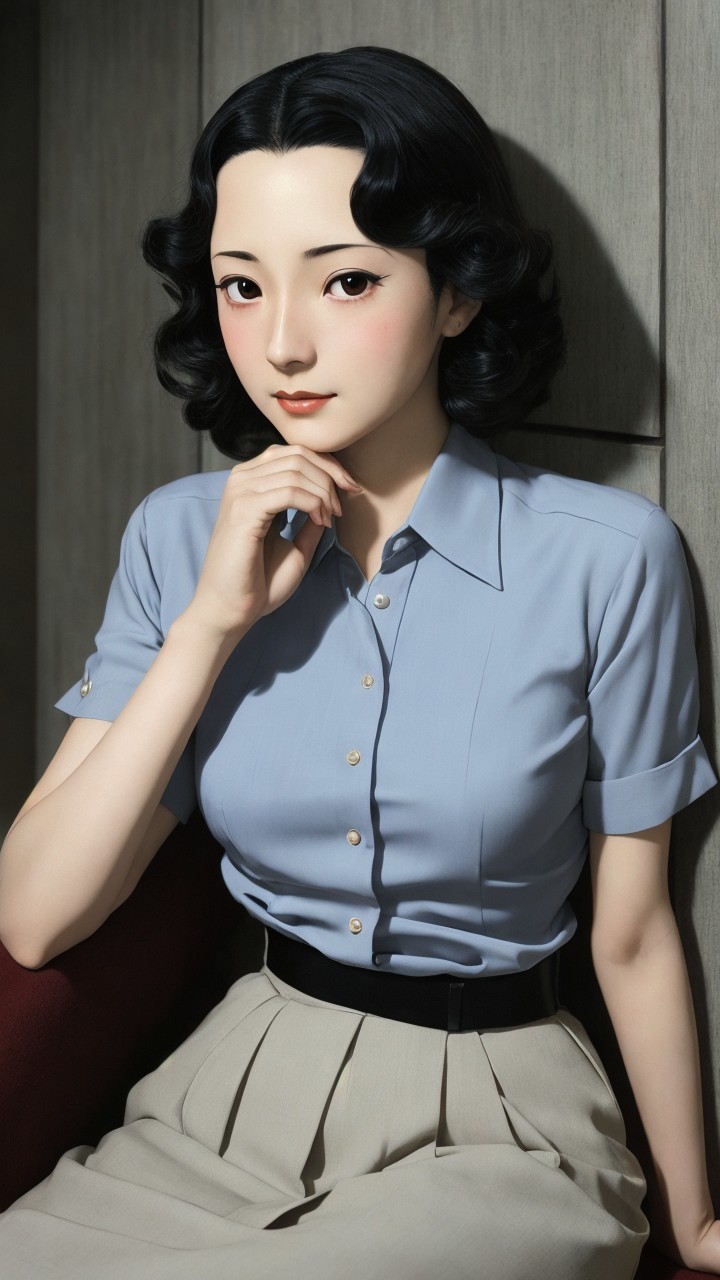 Young woman in stylish outfit against wooden backdrop