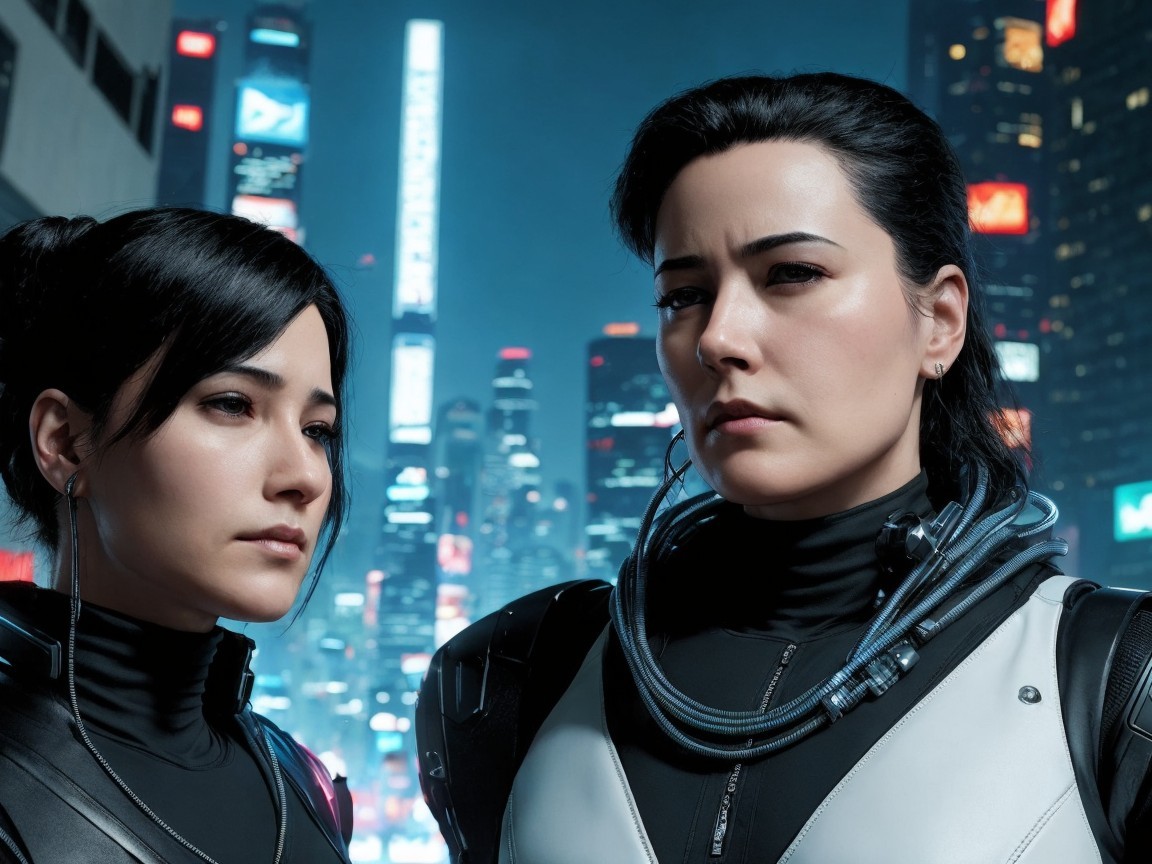 Women in Futuristic Fashion Against Neon Cityscape