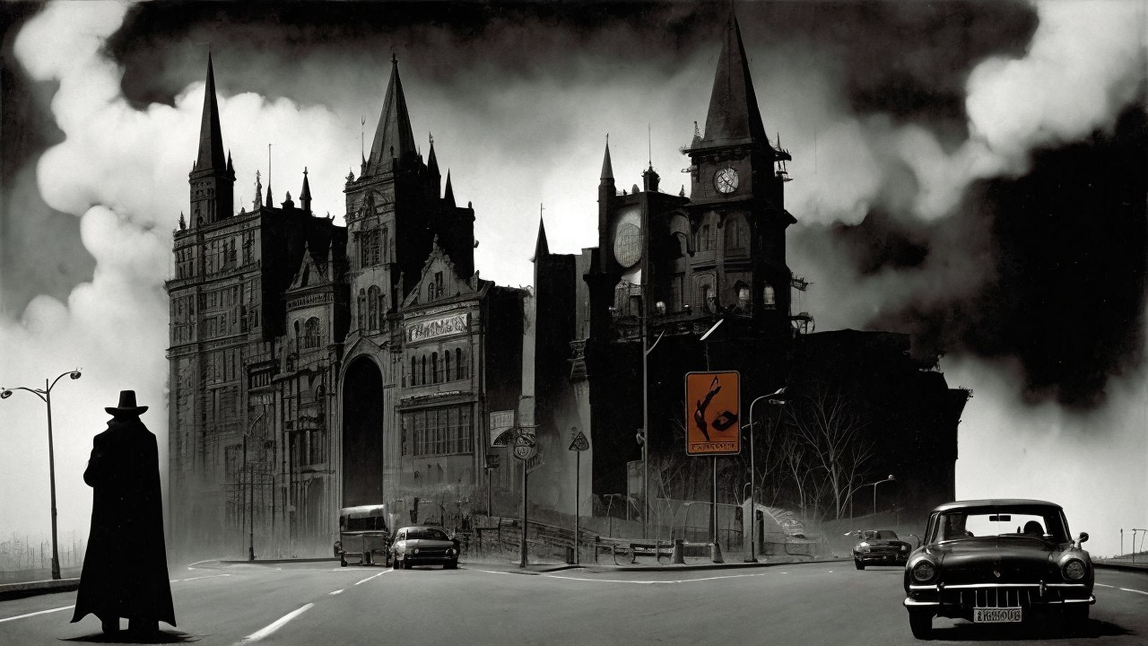 Shadowy Figure on Deserted Street by Ominous Castle
