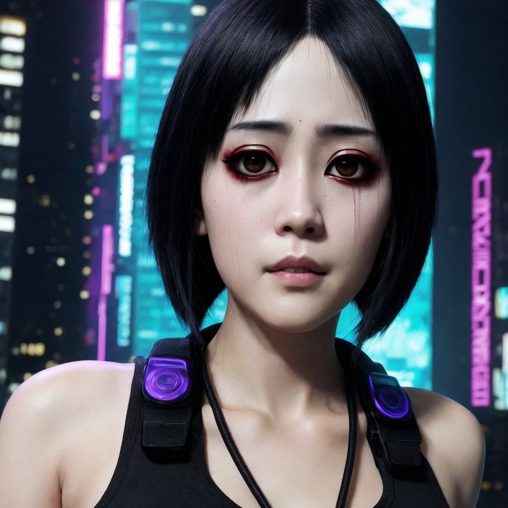 Lifelike humanoid figure with neon city backdrop