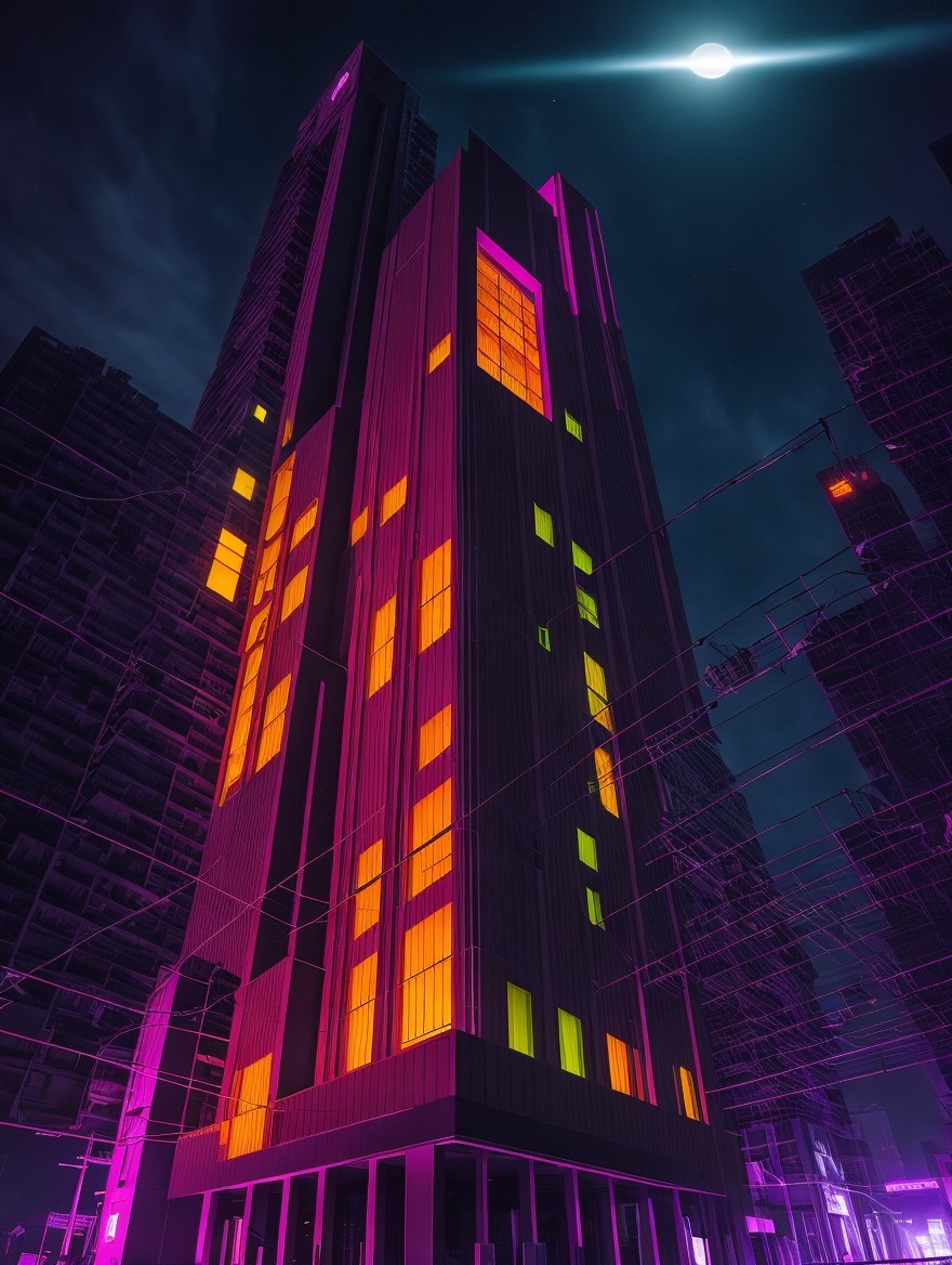 Modern Building with Neon Lights at Night