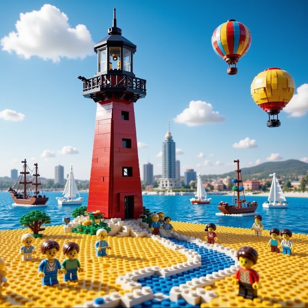 LEGO Scene with Lighthouse, Hot Air Balloons, and Boats