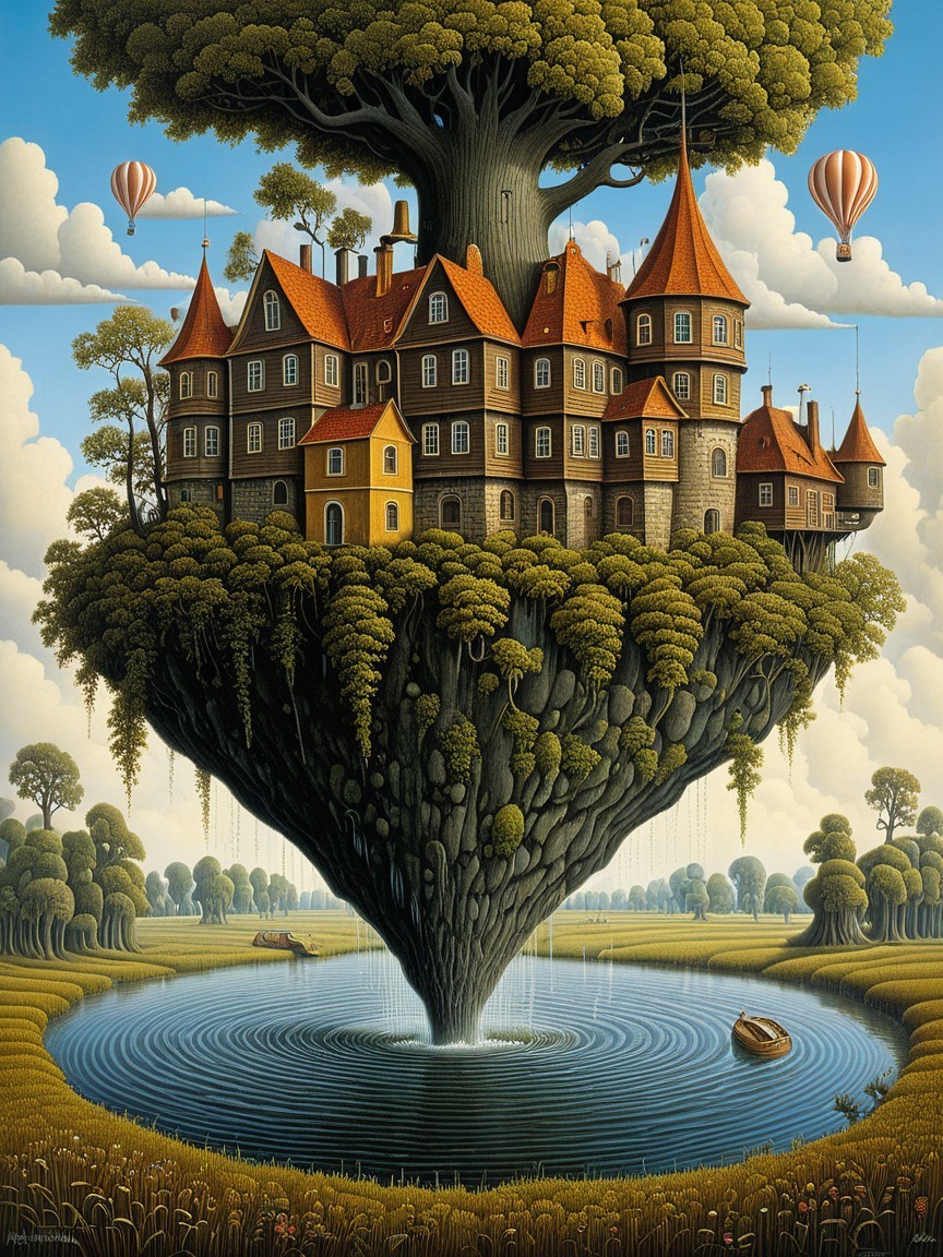 Whimsical Landscape with Tree Village and Hot Air Balloons