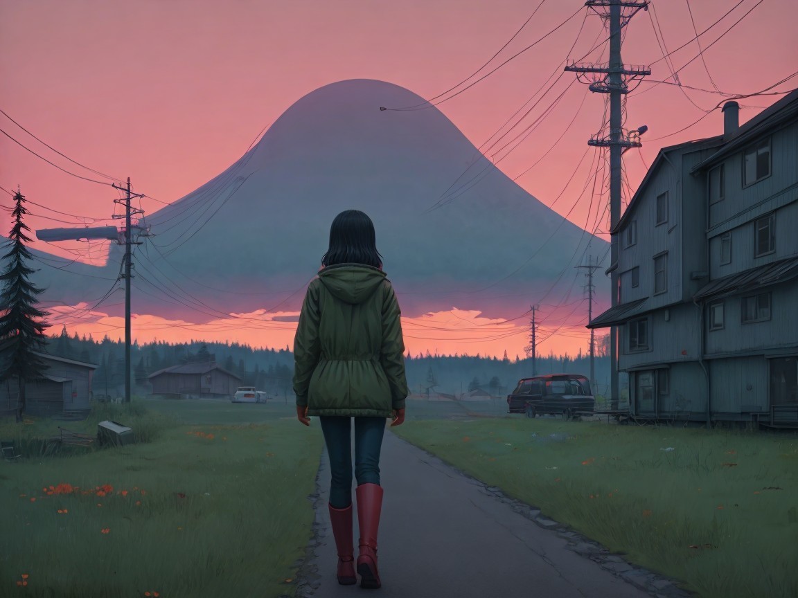 Woman in Green Coat Walking Towards Mountain at Sunset