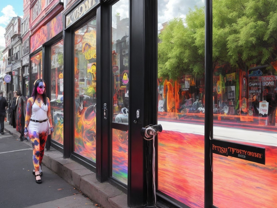 Colorful Bodysuit and Vibrant Storefront Scene