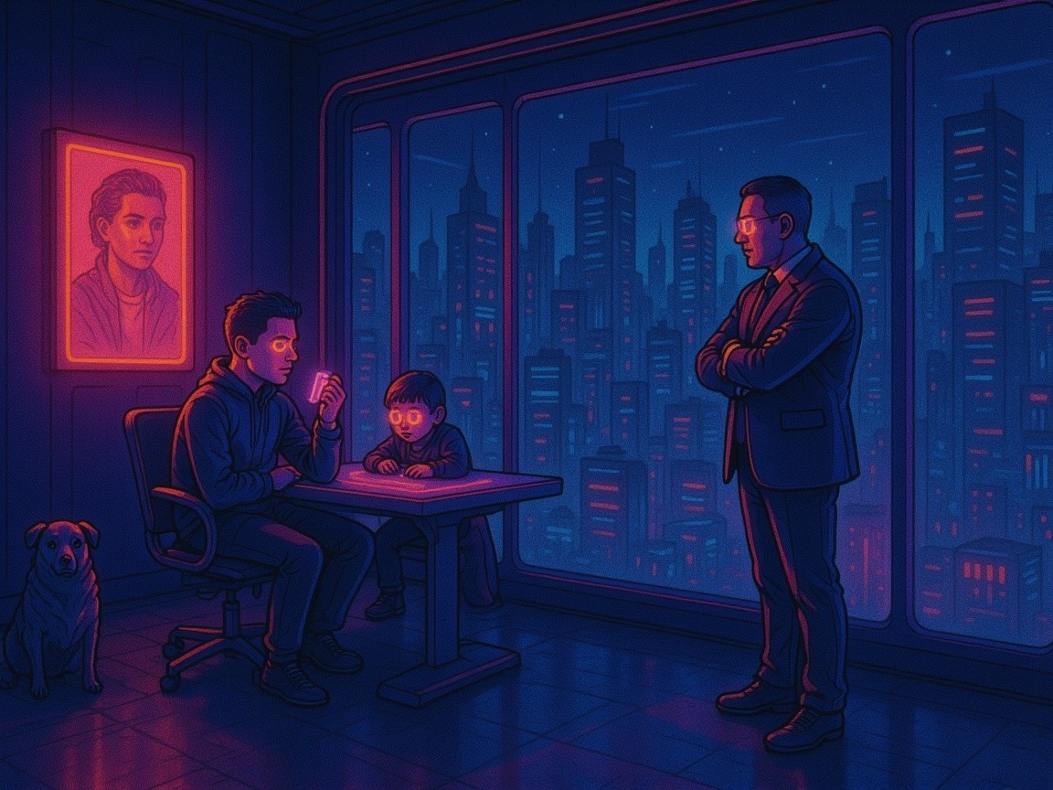 Man in Suit Observing Boy and Teen in Dim Room