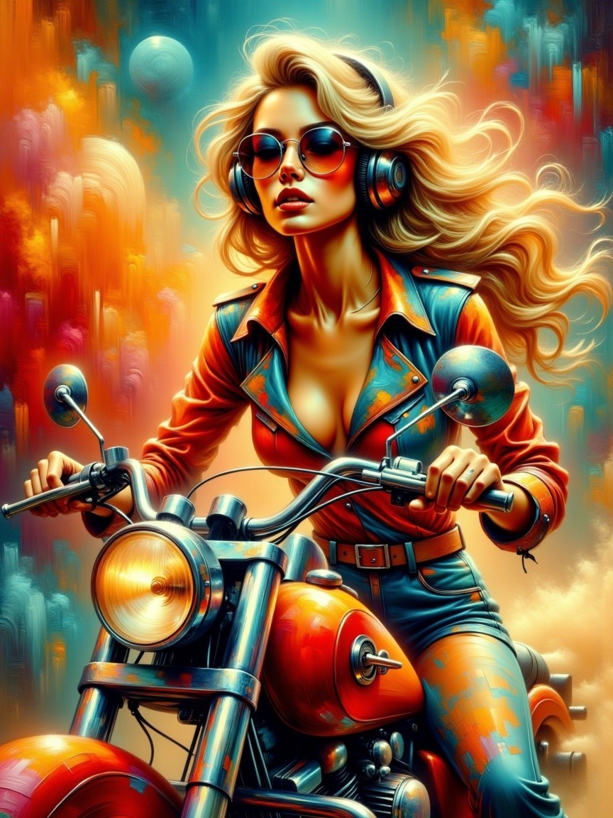 Stylish Woman on Motorcycle in Retro Pop Art Style