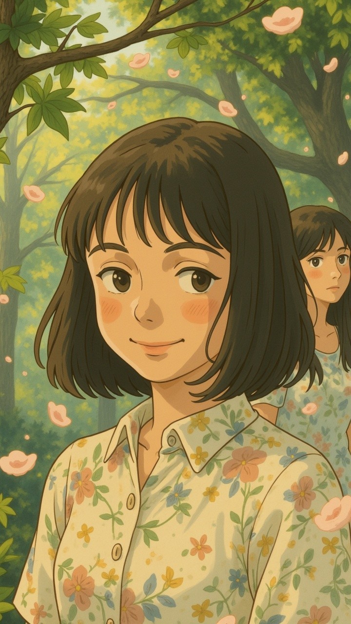 Young girl in floral shirt in serene forest setting