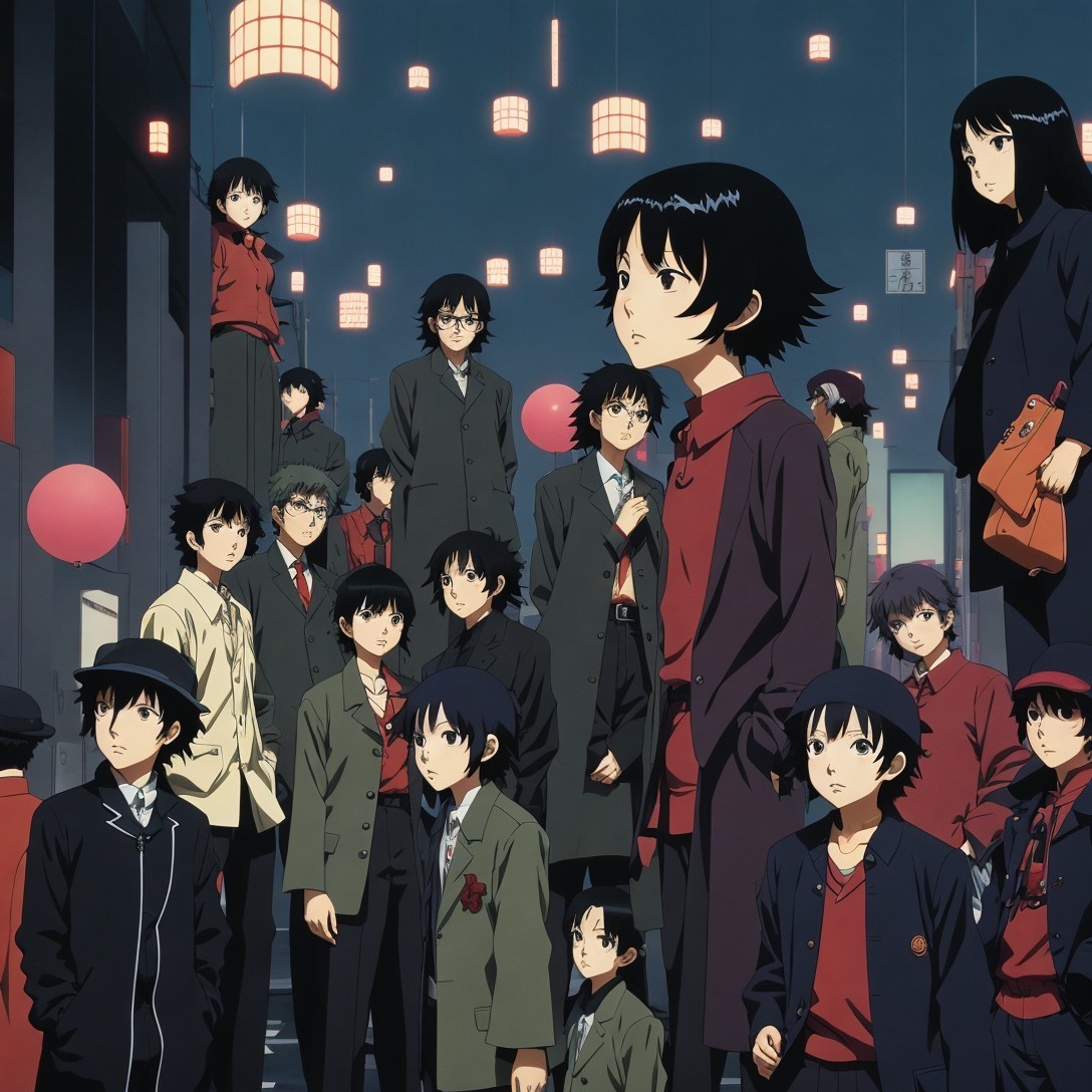 Crowd of Brown-Haired Anime People in Dark Street