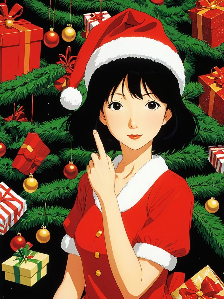 Young Woman in Festive Red Dress by Christmas Tree