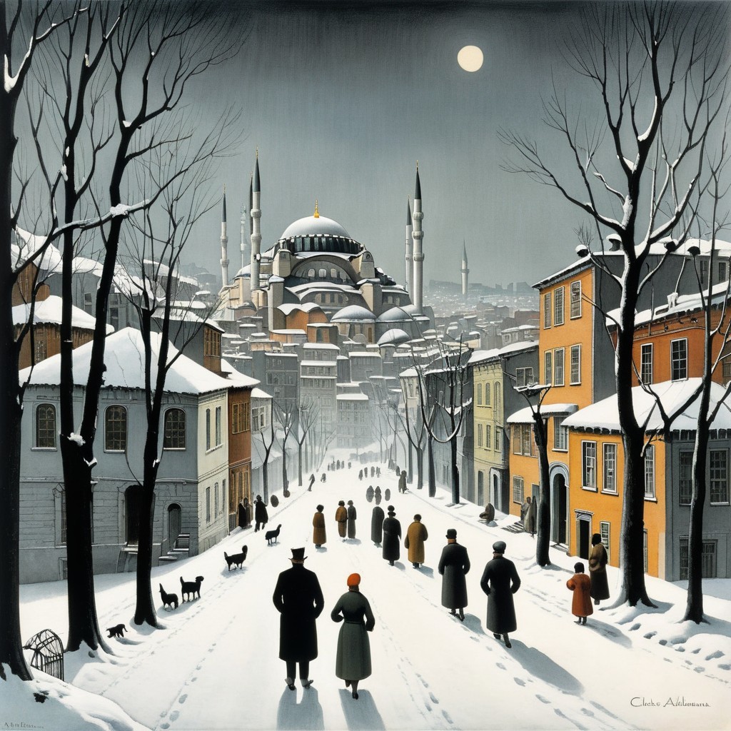 Winter Scene in Historic City with Mosque and Cats