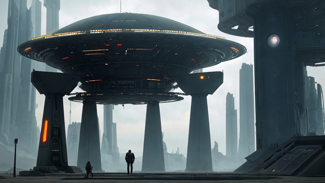 Futuristic landscape with sleek spaceship and figures