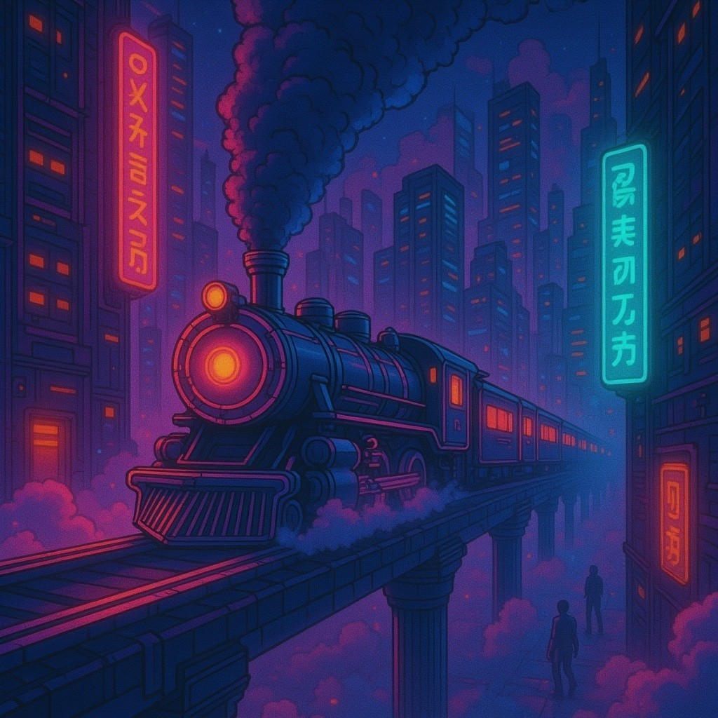 Vintage Steam Locomotive in Futuristic Cityscape