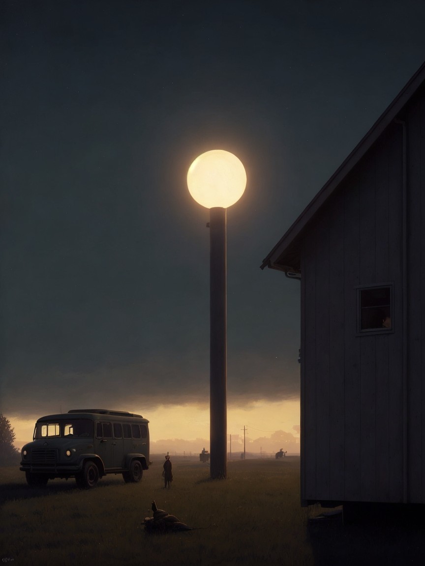 Twilight Scene with Vintage Bus and Glowing Moon