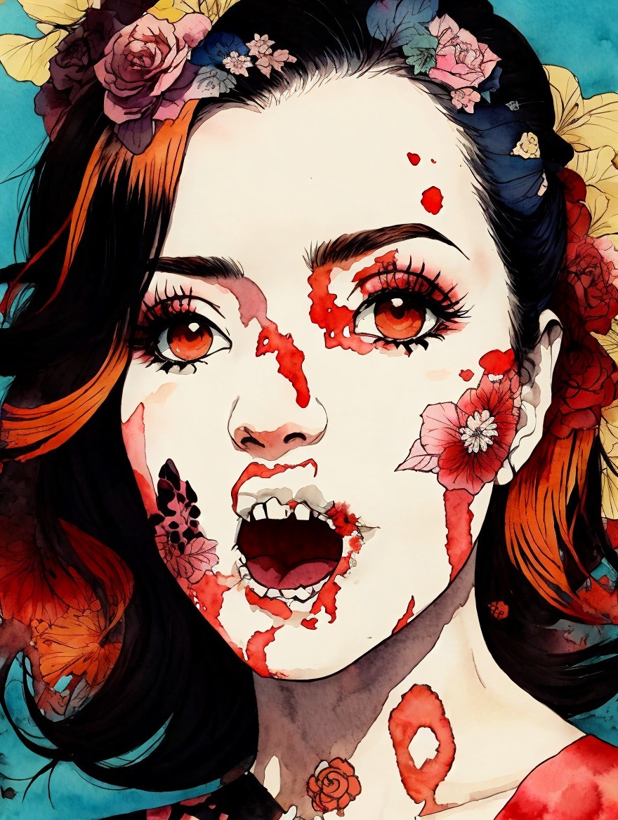 Illustration of a woman with vibrant flowers and bold colors