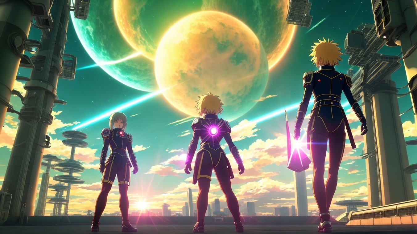 Futuristic Characters in Cosmic Landscape with Planets