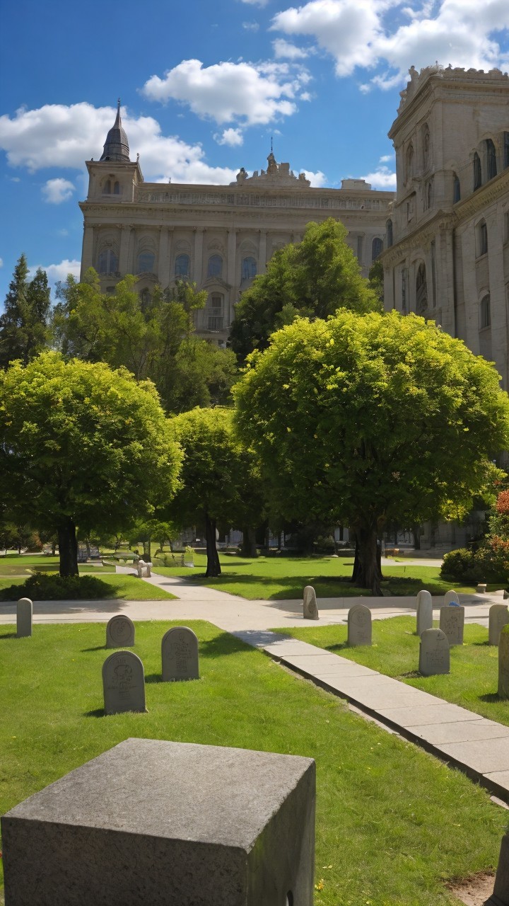 Serene garden scene with gravestones and greenery
