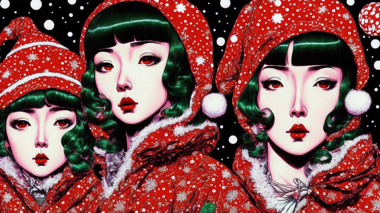 Stylized Figures in Red Coats with Snowflake Patterns