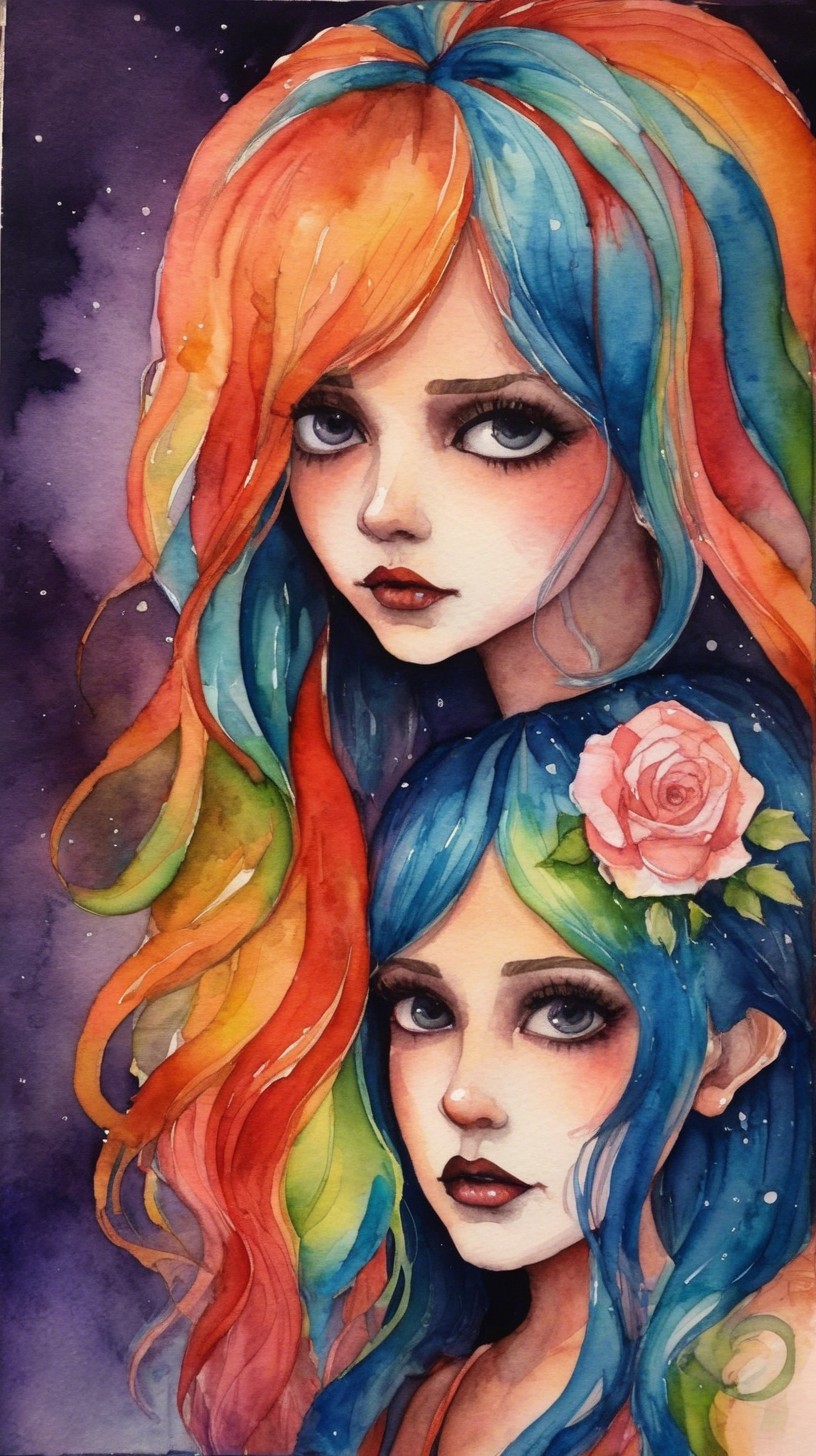 Watercolor Portraits of Girls with Vibrant Hair Colors